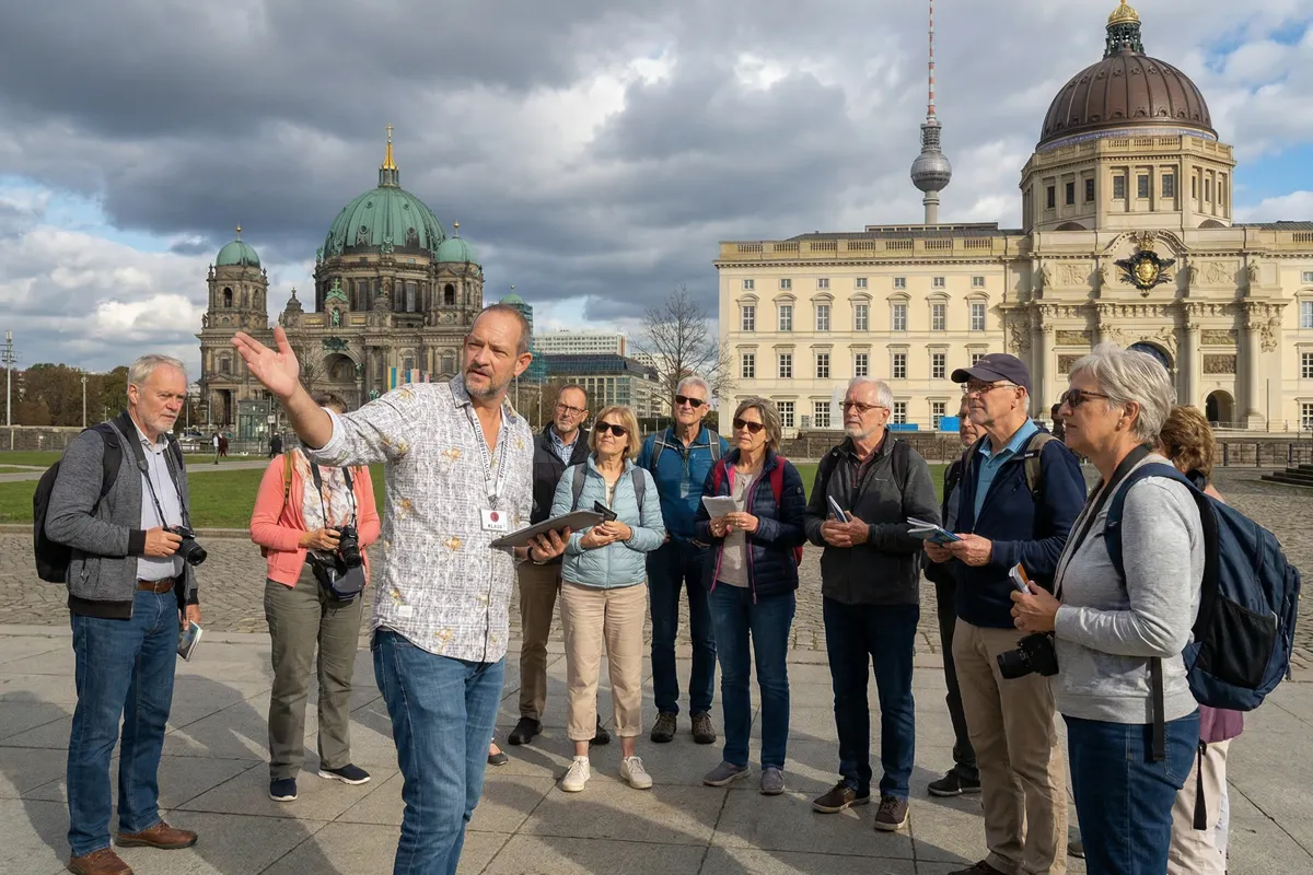 Group of guests on the Schinkelplatz with the Humboldt Forum in the background.