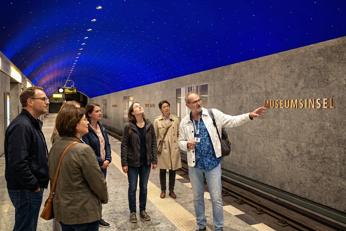 Tour group on the platform od the U-Bahn station 'Museumsinsel'