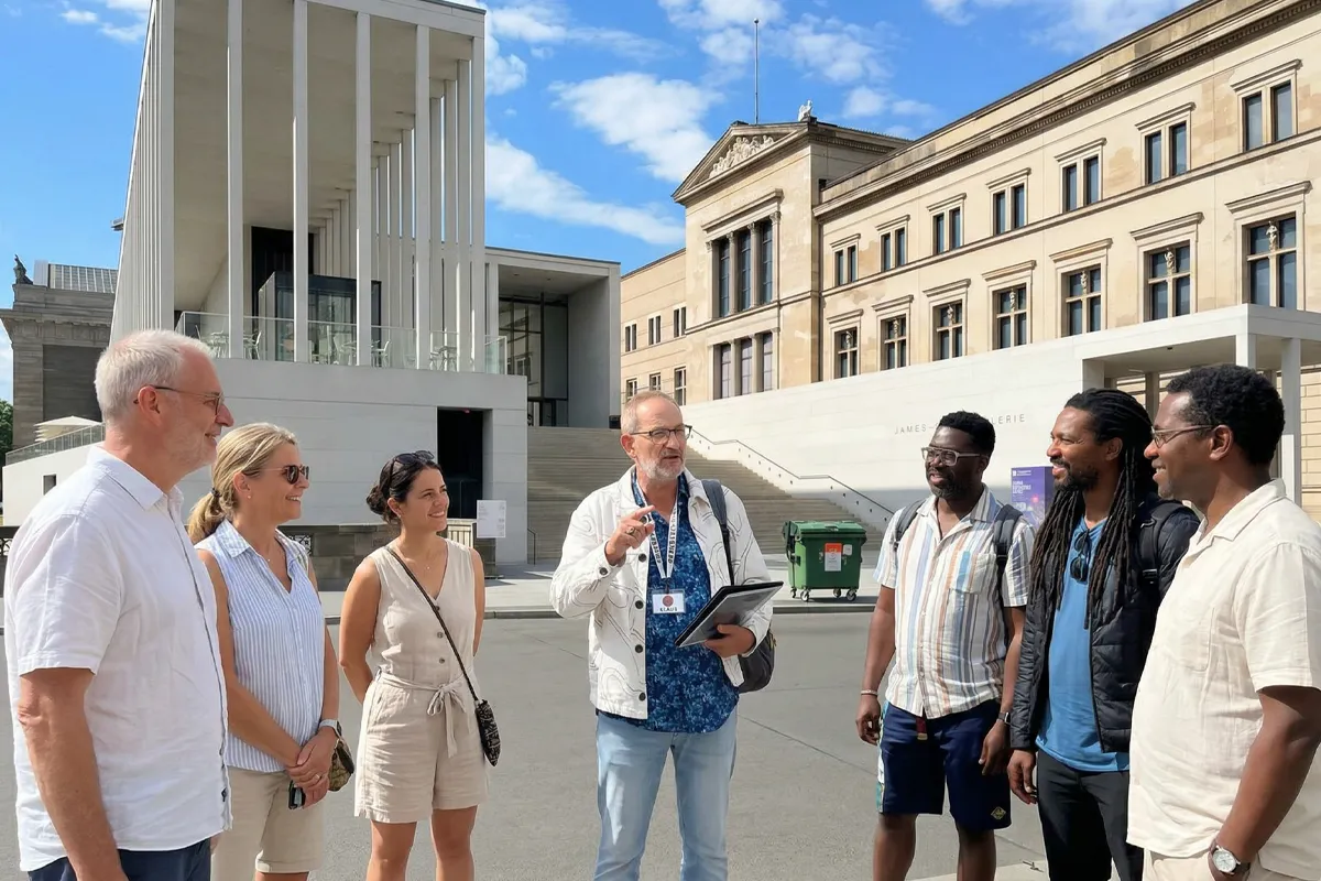 Klaus with a group in front of the James Simon Gallery
