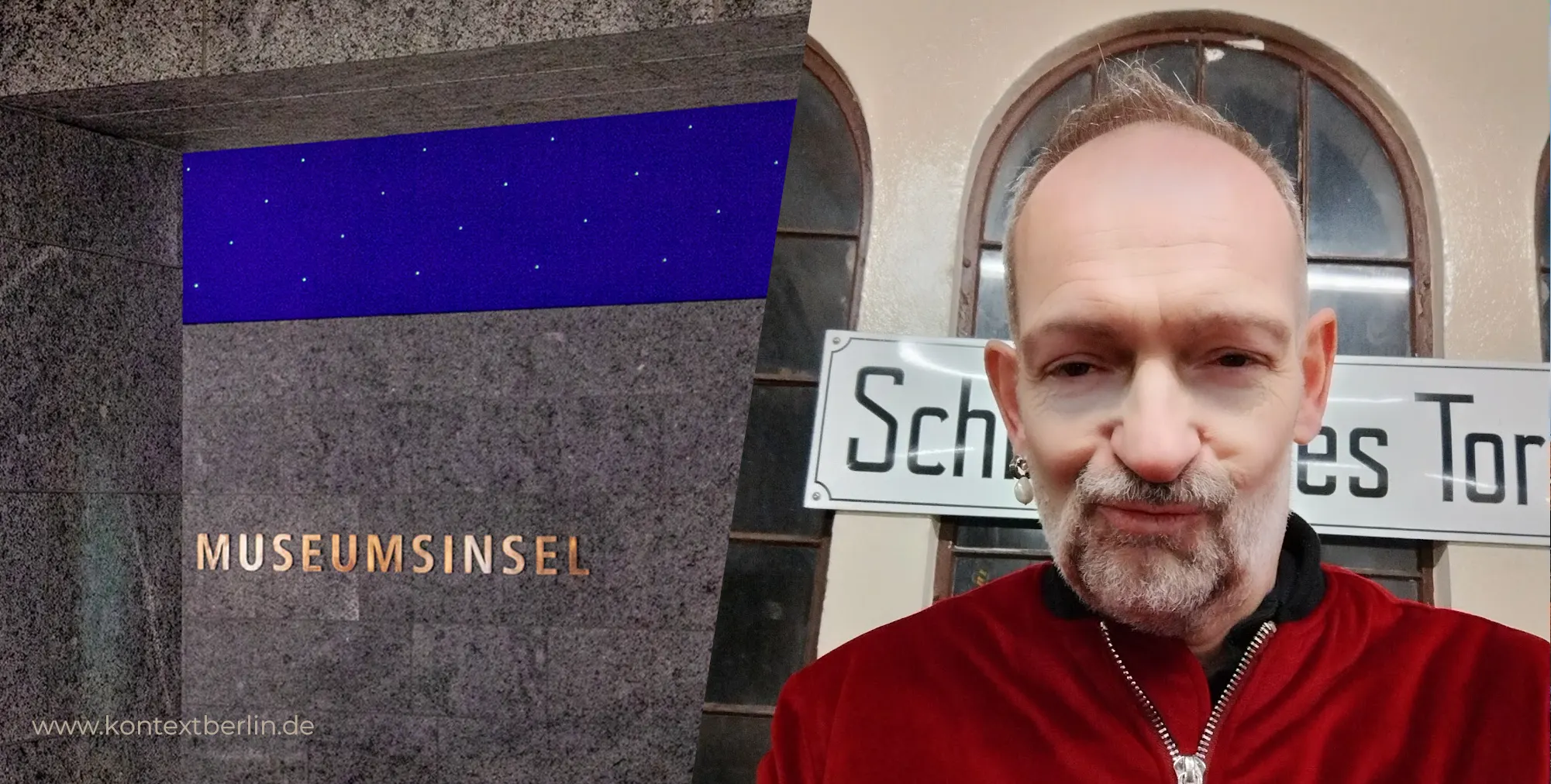 Split screen showing U-Bahnhof Museusmisnsel und Sefie von Klaus am Schlesischen Tor