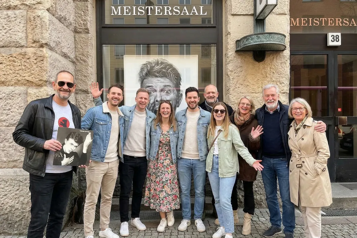 Klaus, holding up the cover of 'Heroes', posing with a group in front of the Meistersaal, Hansa Studio, Berlin