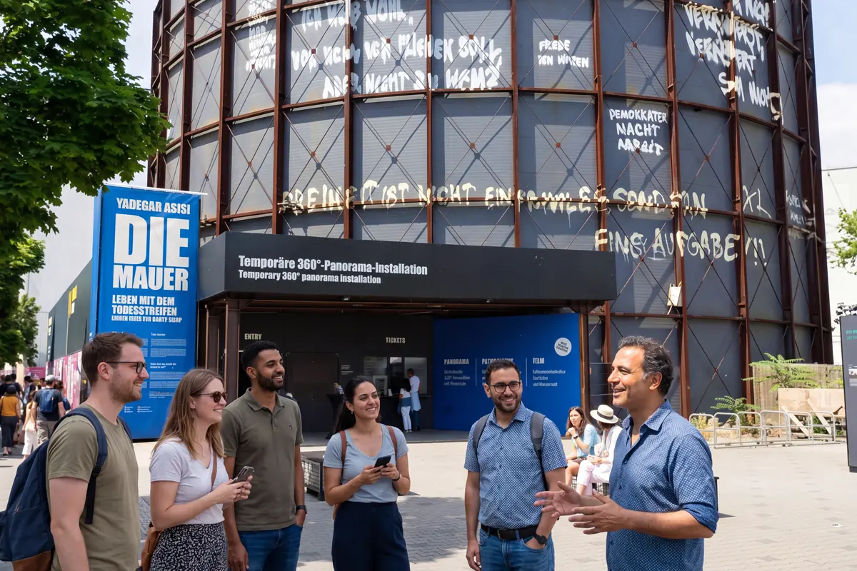 Group in front of the entrance to the 'asisi Panorama Berlin, Die Mauer'