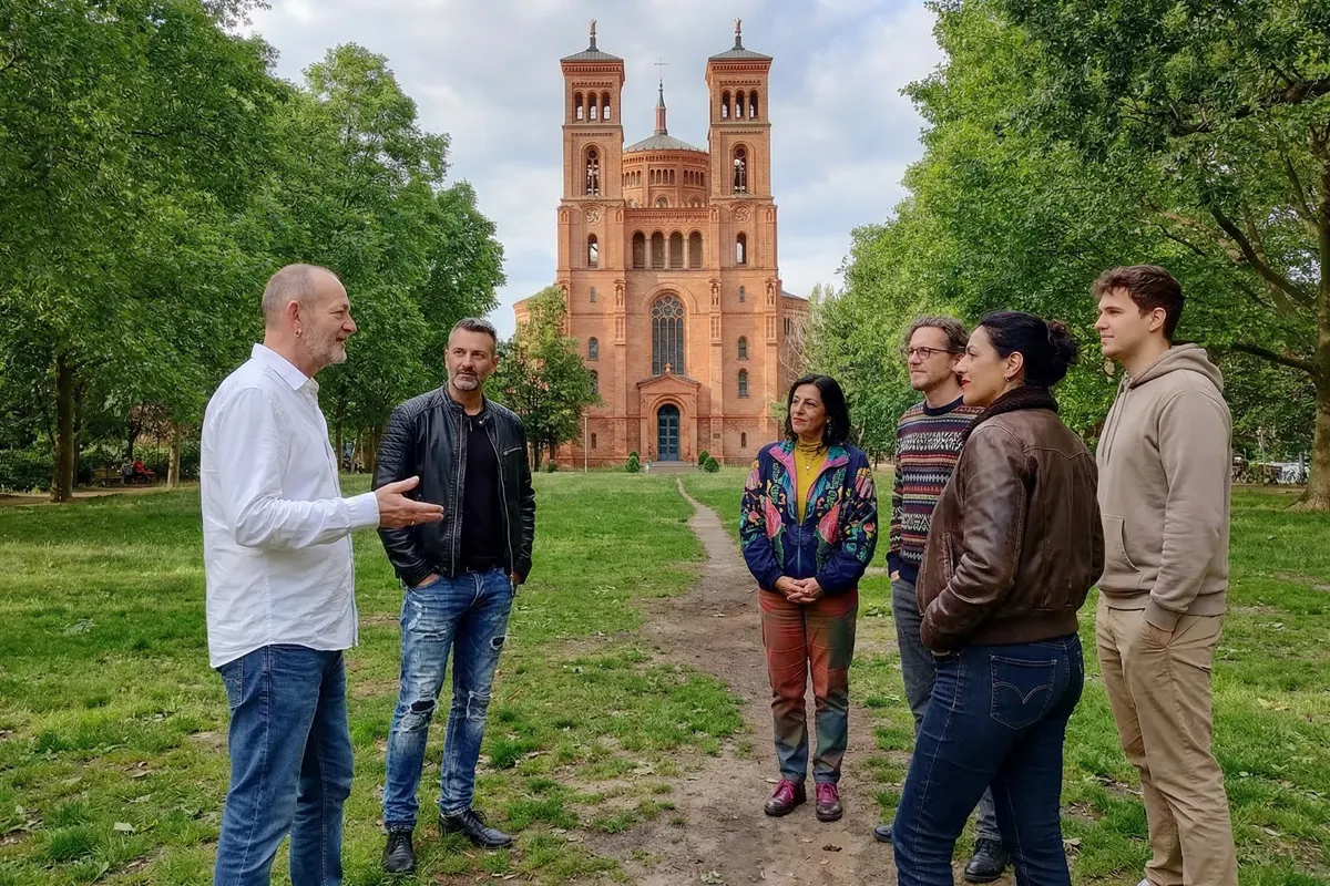 Klaus mit einer Gruppe auf dem Mariannenplatz vor St Thomas in Kreuzberg