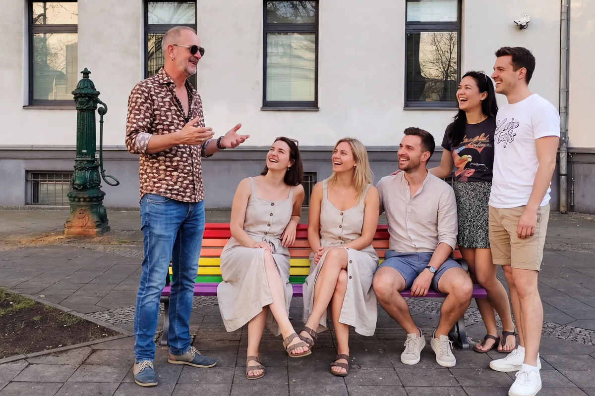 Tour group on the Queer Berlin History Tour listening to the guide
