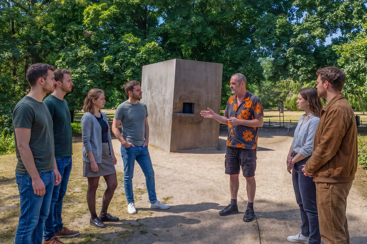 Guests on the Queer Berlin History Tour in front of the Memorial for the Homosexual victims of the National Socialist regime