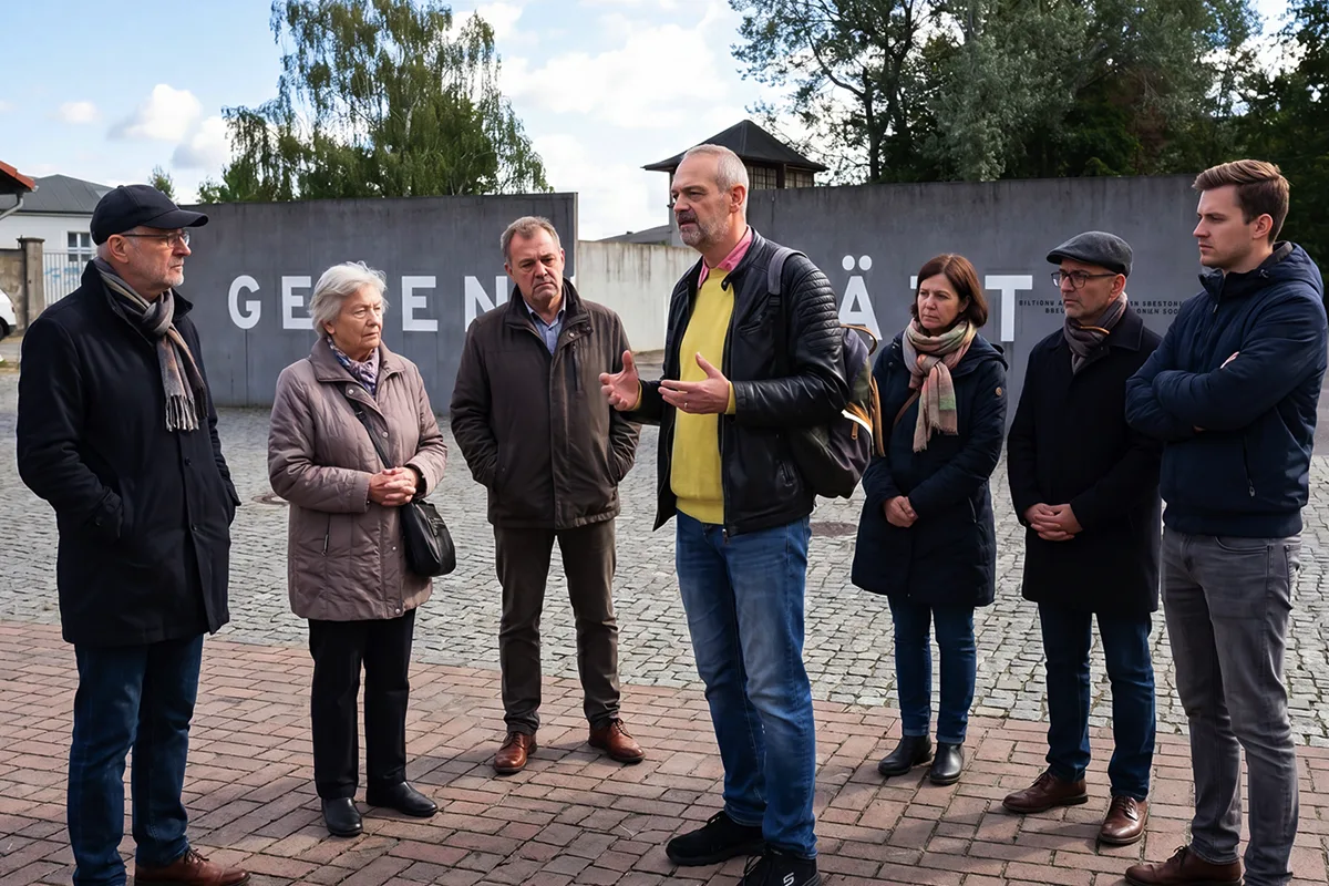 Kontext Guide with a group in front of the entrance area at the Museum and Memorial Site Sachsenhausen